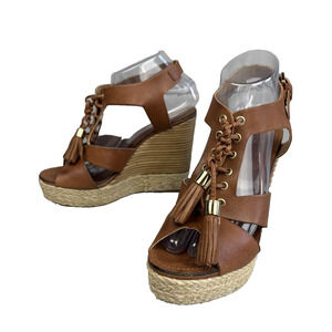 Klub Nico Wedge Heels Sandals Size 8 Leather Cognac Brown Tassels Boho Western